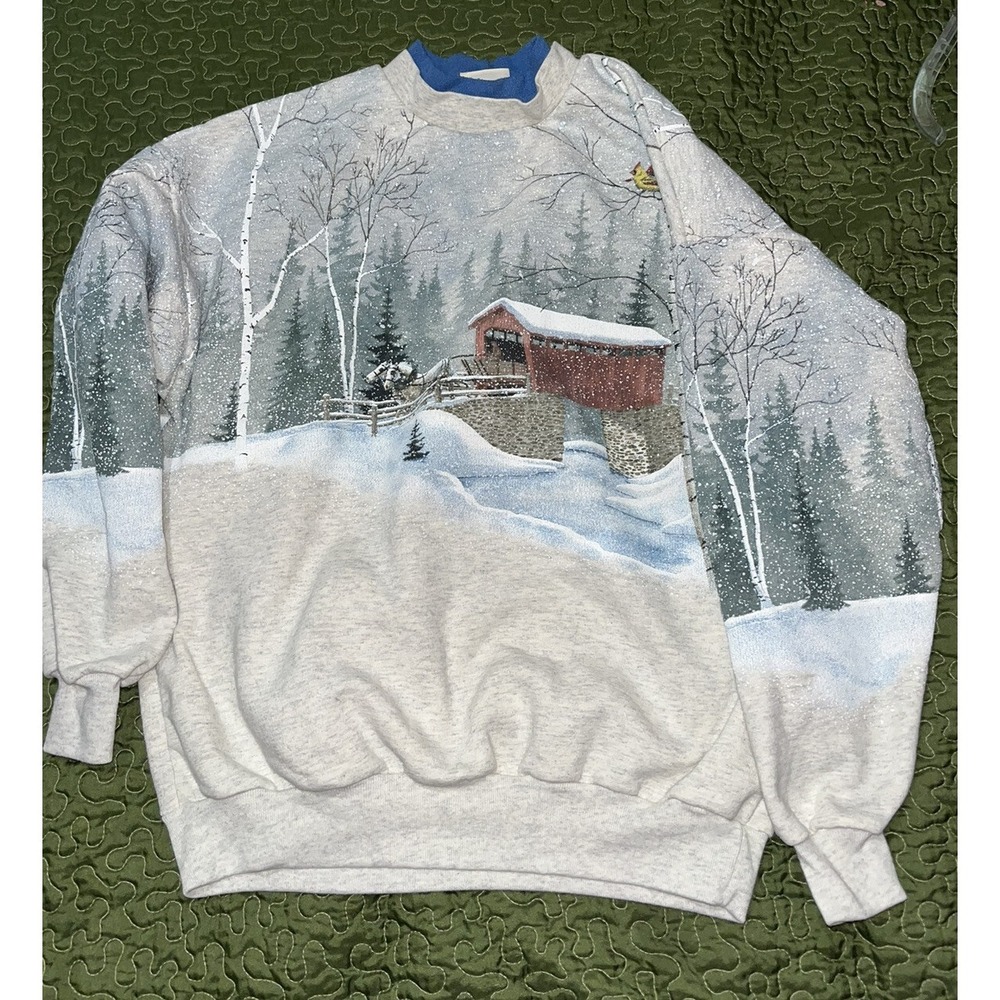 Vintage Puff Paint sweatshirt womens L winter Graphic Covered Bridge Snow Scene